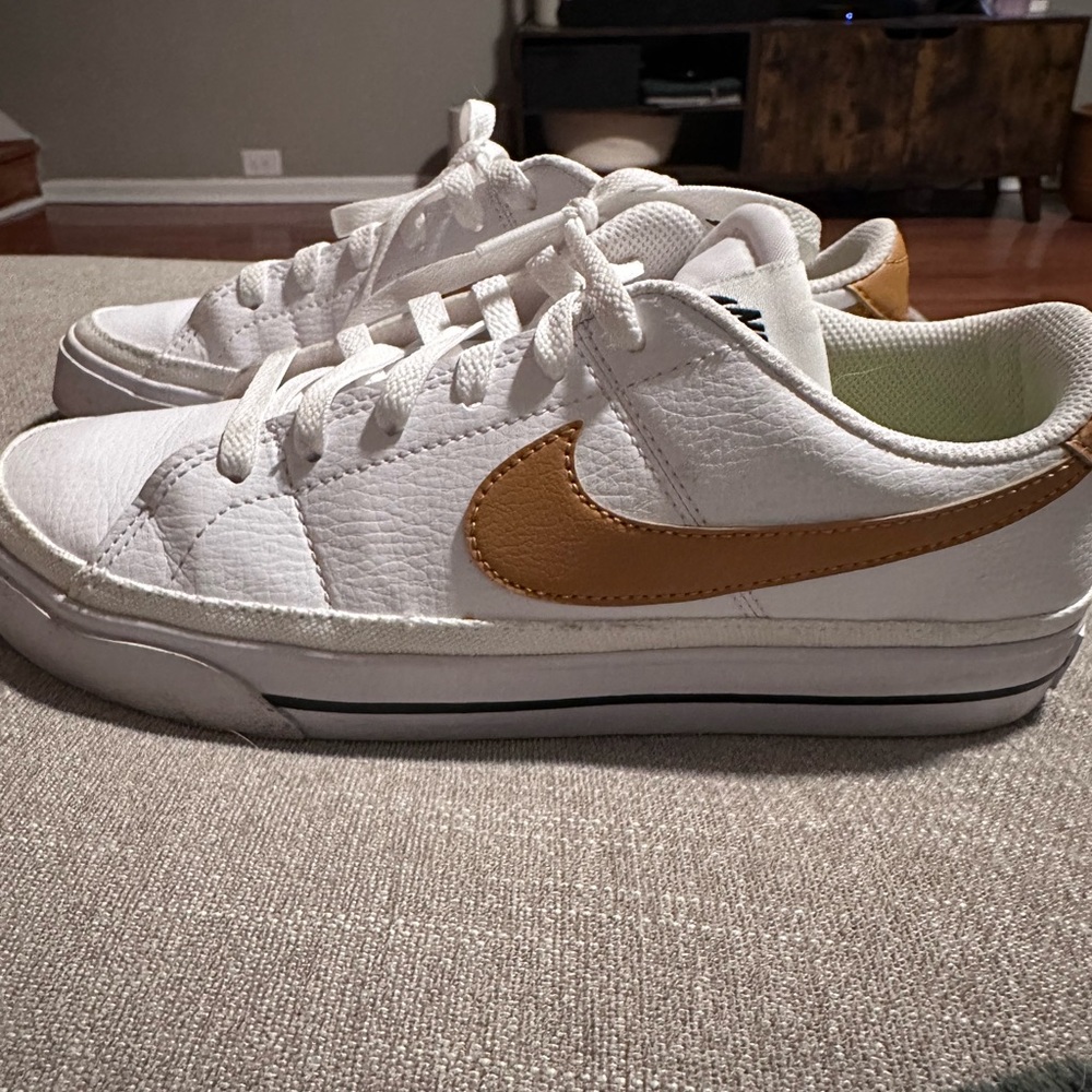 White and Gold Swoosh Sneakers